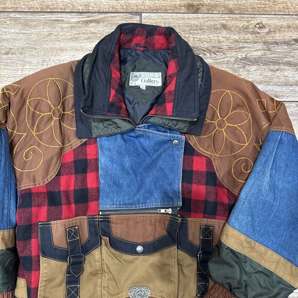 Patchwork Jacket XS Plaid Denim Pockets Cowboy Western Vintage - Picture 14 of 15